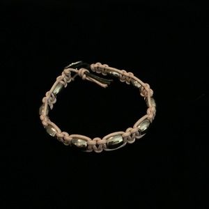 Beautiful pink leather silver beaded macrame bracelet.  Handmade boho  7”